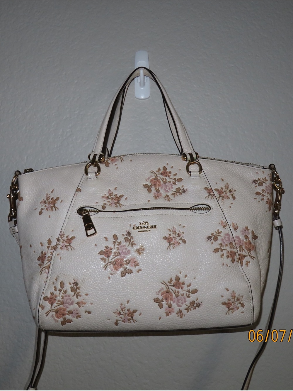 Coach Cream Floral Leather Satchel with Pink Accents